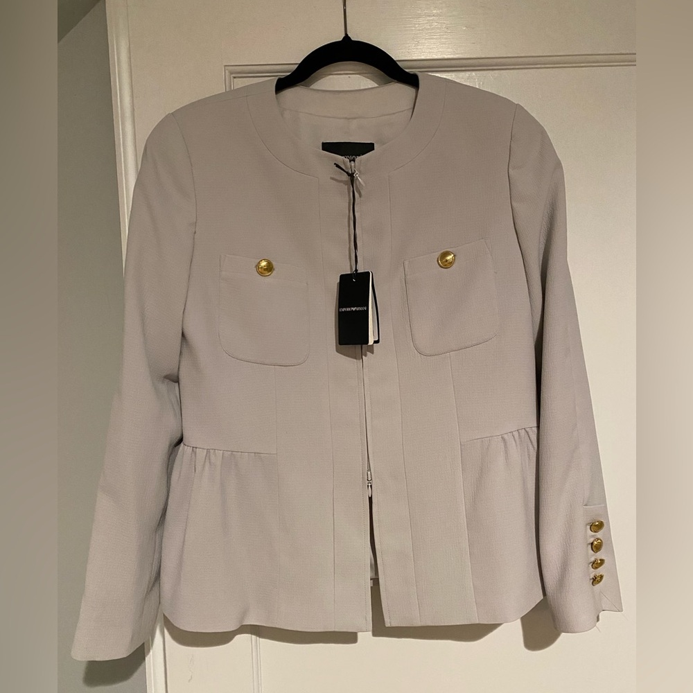 Emporio Armani Light Gray Lady Jacket with Gold Accent Buttons